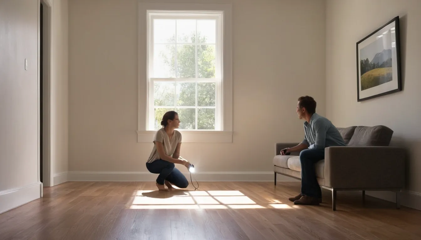 A provider checking a baseboard for signs of pests in a home near West Palm Beach