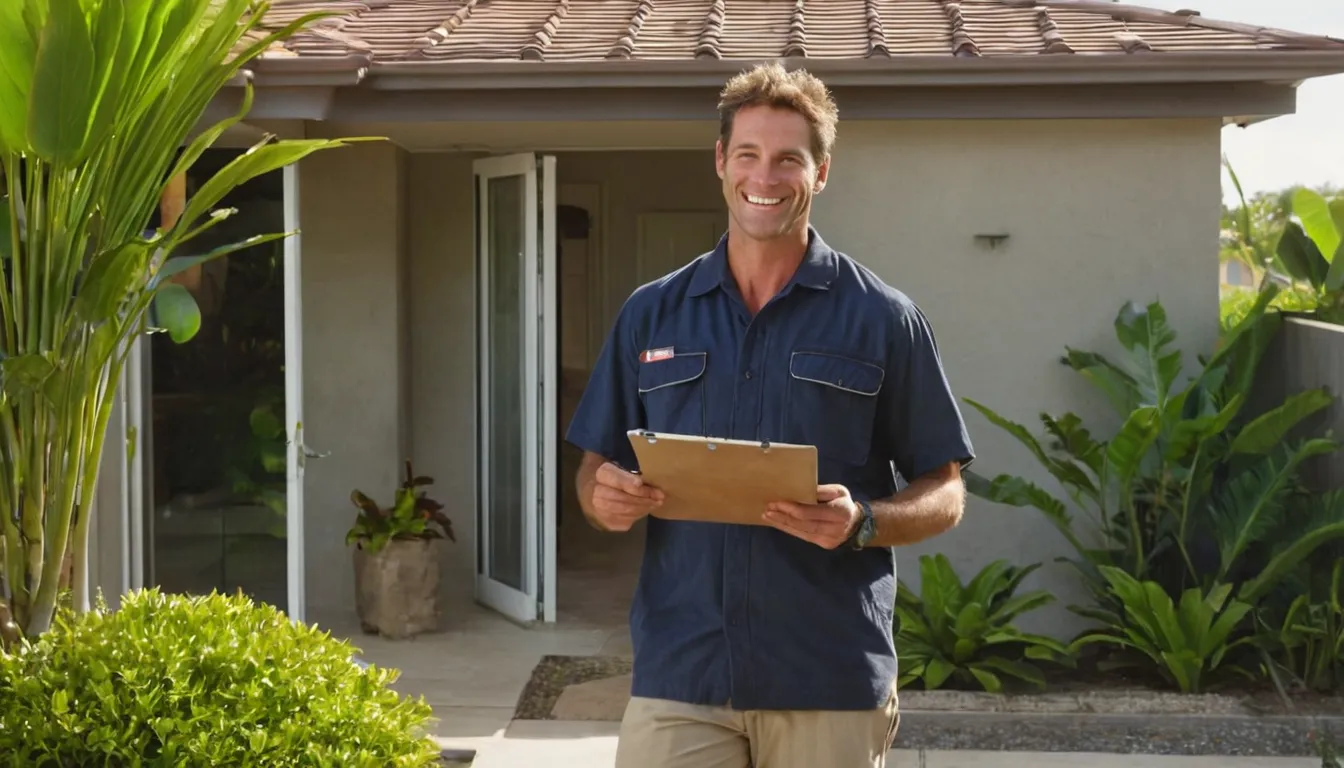 A friendly pest control provider talking with a homeowner at a front door in a West Palm Beach neighborhood